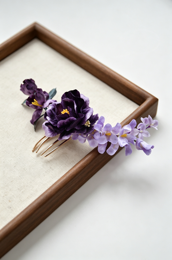 Iris & Peony Velvet Flower Comb - product photo