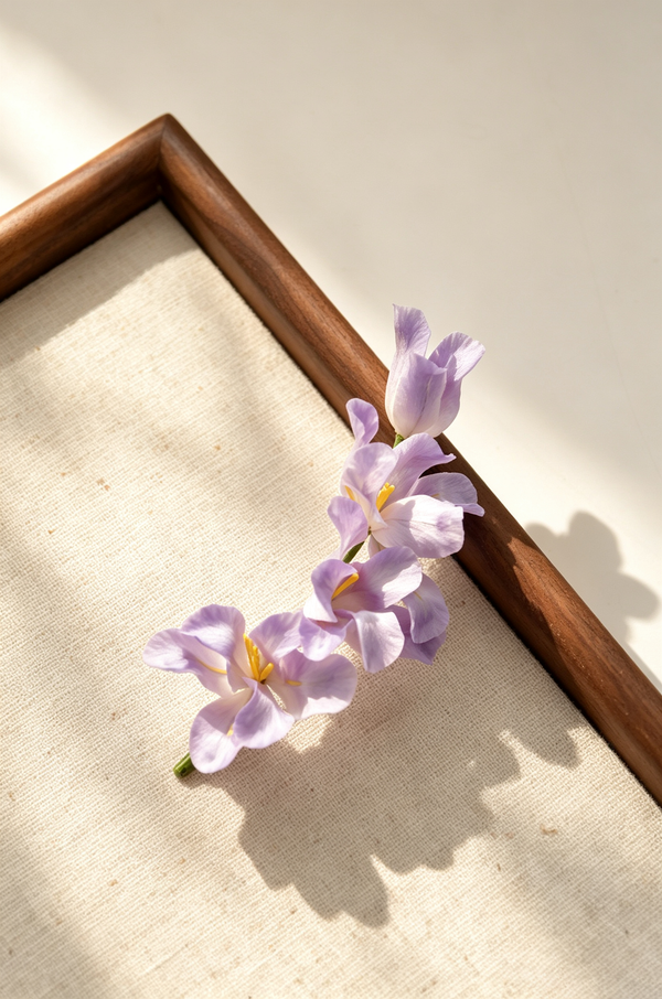 Handmade iris velvet flower brooch with folded petals, pinned view - view 1