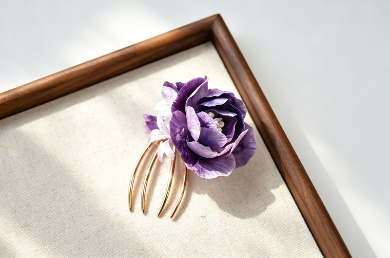 Peony & Iris Velvet Flower Comb craft detail